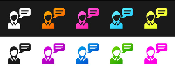 Set Speech bubble chat icon isolated on black and white background. Message icon. Communication or comment chat symbol. Vector.