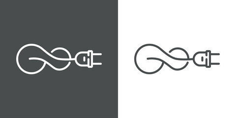 Concepto energía eléctrica. Logotipo lineal enchufe eléctrico con cable como nudo infinito en fondo gris y fondo blanco © teracreonte