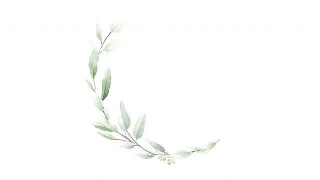 wreath of foliage eucalyptus herbal watercolor frame with gold line art white matte alpha channel