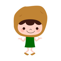 じゃがいものキャラクター。野菜のジャガイモの被り物をして楽しそうに踊っている子どものイラスト。