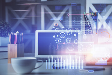 Double exposure of desktop with personal computer on background and tech theme drawing. Concept of Bigdata.