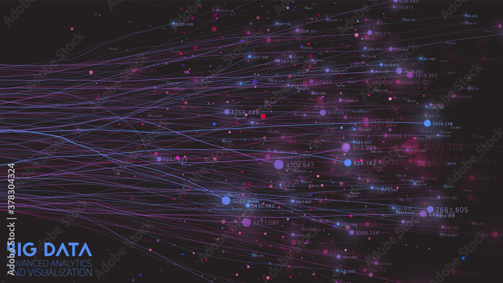 Poster Vector abstract colorful big data cloud. Information visualization. Social network, financial analysis of complex databases. Visual information complexity clarification. Strange intricate data cloud
