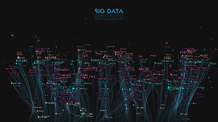 Vector abstract colorful big data cloud. Information visualization. Social network, financial analysis of complex databases. Visual information complexity clarification. Strange intricate data cloud
