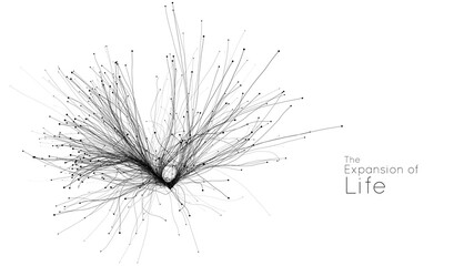 Expansion of life. Vector neuron growth. Small particles strive out of center randomly. Organic growth of tentacles. Space colonization. Burst, explosion backdrop.