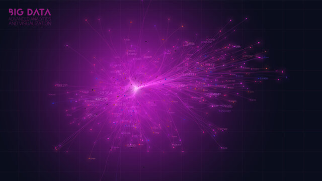 Vector abstract colorful big data cloud. Information visualization. Social network, financial analysis of complex databases. Visual information complexity clarification. Strange intricate data cloud