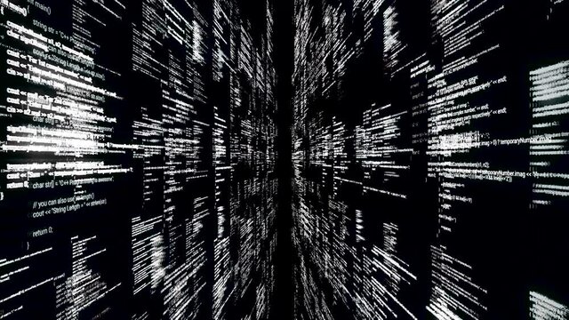 Flying through the parallel abstract informational lines, monochrome version. Animation. Moving through time and space, science fiction and technology concept.