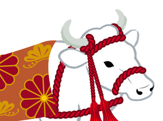 2021　丑年　年賀状素材 - 装束を身につけた白い牛　クローズアップ