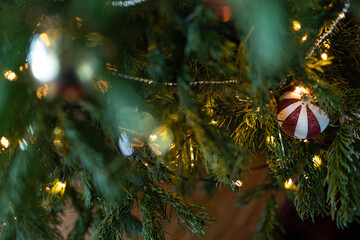 Border of defocused Christmas, lights on background.christmas  decoration background with ball