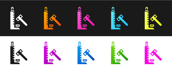 Set High striker attraction with big hammer icon isolated on black and white background. Attraction for measuring strength. Amusement park. Vector.