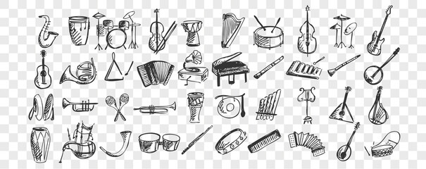 Musical instruments doodle set. Collection of hand drawn sketches templates drawing patterns of music instrument piano drums guitar flute saxophone on transparent background. Art and creativity. - obrazy, fototapety, plakaty