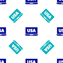 Blue USA United states of america on laptop icon isolated seamless pattern on white background. Vector.