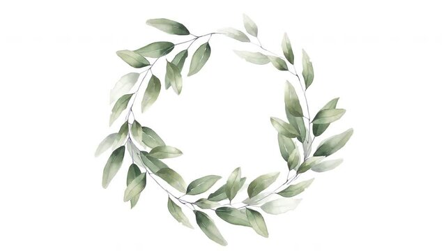 wreath of foliage greenery branches herbal watercolor frame white matte alpha channel
