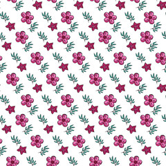 A pattern of bright pink flowers with leaves.