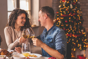 Couple making a toast at Christmas family dinner