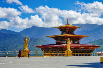 Bhutan, near Thimphu, temple and statues of Dordemna. 