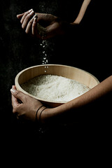 Plain rice in a typical Japanese wooden tub hangiri