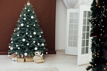 Blue Christmas tree pine decor for new year brown background postcard interior