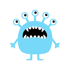 Monster. Cute cartoon kawaii funny baby character. Blue silhouette. Screaming face, head. Many eyes, fang teeth. Tshirt greeting card, sticker print. Flat design. White background. Isolated.