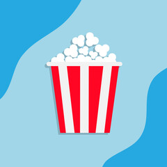Popcorn icon. Cinema movie night icon. Big size white red strip box. Pop corn food. Flat design style. Isolated. Blue background.