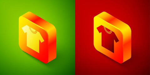 Isometric T-shirt icon isolated on green and red background. Square button. Vector.