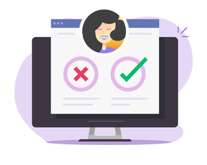 Choosing pros and cons of person candidate vector, poll vote for hr human resources concept, employee recruitment select idea, hiring decision process, career talent choose online on computer