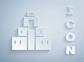 Paper cut Chichen Itza in Mayan icon isolated on grey background. Ancient Mayan pyramid. Famous monument of Mexico. Paper art style. Vector.