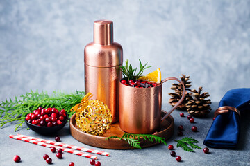 Moscow mule cocktail set, Christmas and New Year holiday drink. Copy space. Grey backround. Close up.