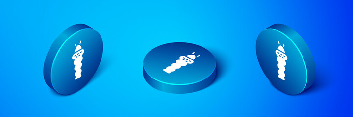 Isometric Larva insect icon isolated on blue background. Blue circle button. Vector.