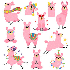 Obraz premium Duży zestaw uroczych różowych lam. Kolekcja wektor alpaki kreskówka. Zwierzęta ręcznie rysowane styl na białym tle na białym tle dla książek dla dzieci i dzieci, druk, plakat, naklejki, tkaniny.