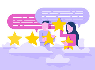 Rating concept - post a review and share with friends concept - people (man and woman) with 5 stars (maximum positive review) - isolated vector illustration