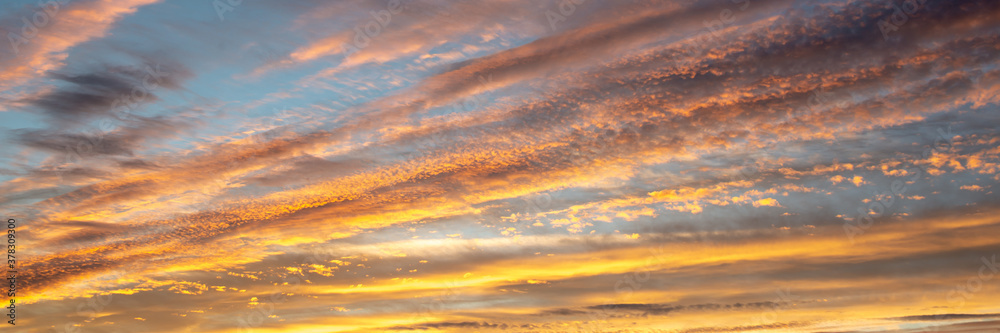 Wall mural colorful sky with clouds at sunset, panoramic nature background and web banner