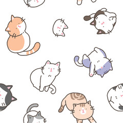 Seamless Pattern of Cartoon Cat Illustration Design on White Background