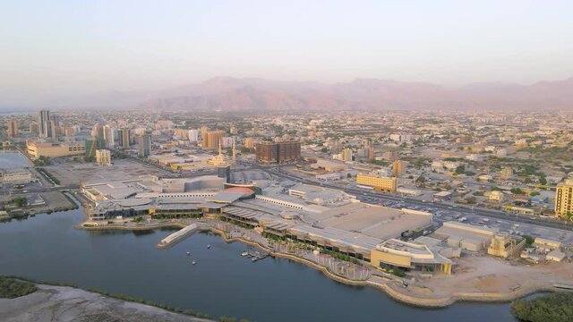 Ras al Khaimah emirate in the UAE aerial skyline view at sunset