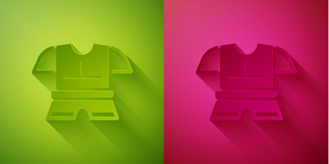 Paper cut Body armor icon isolated on green and pink background. Paper art style. Vector.