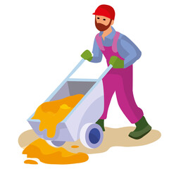 construction worker overturns a cart filled with sand, cartoon illustration, isolated object on a white background, vector illustration,