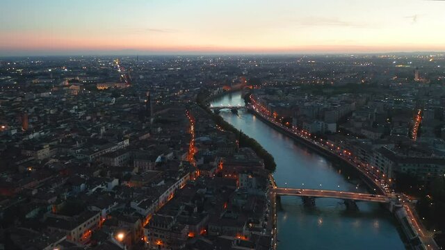 Flying Above Beautiful River at Verona during sunset, 4k drone footage