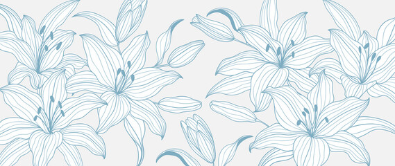 luxury gold floral line art wallpaper vector. Exotic botanical background, Lily flower vintage boho style for textiles, wall art, fabric, wedding invitation, cover design Vector illustration.