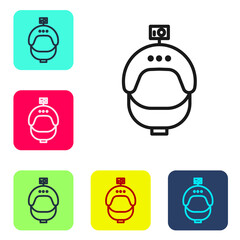 Black line Helmet and action camera icon isolated on white background. Set icons in color square buttons. Vector Illustration.