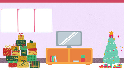 Christmas decorated house with christmas tree and gifts