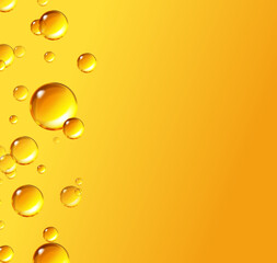 Oil gold bubbles isolated on yellow background. Cosmetic pill capsule of vitamin E, A. Vector realistic serum droplets of collagen essence
