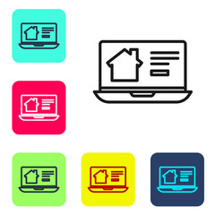 Black line Online real estate house on laptop icon isolated on white background. Home loan concept, rent, buy, buying a property. Set icons in color square buttons. Vector Illustration.