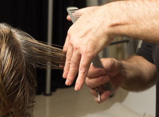 Professional hairdresser cutting a woman's hair