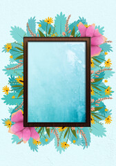Wooden frame with pink flowers and leaves on white background
