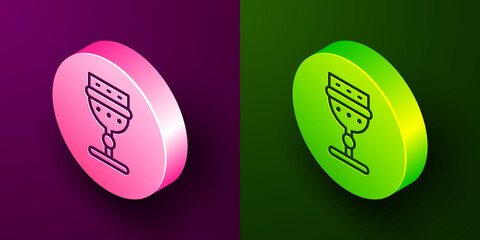 Isometric line Medieval goblet icon isolated on purple and green background. Circle button. Vector.