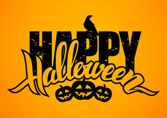 Hand drawn lettering composition with Happy Halloween, raven and pumpkins isolated on orange background.