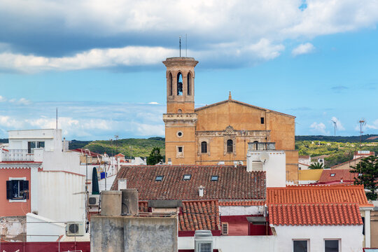 Aerial view of Church of Santa Maria and Mahon roofs - Mahon, Menorca, Balearic islands, Spain