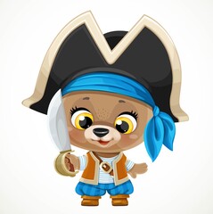 Cute cartoon baby bear dressed in pirate costume with a saber isolated on a white background