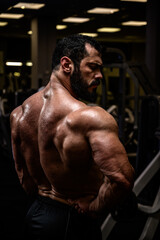 Obraz na płótnie Canvas healthy lifestyle of handsome strong young man with beard showing muscle of his mighty sweaty back in dark sport gym