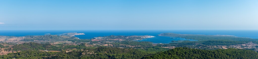 Fototapeta na wymiar Panoramic view on menorca north coast and Fornells from summit of Monte Toro - Es Mercadal, Menorca, Balearic Islands, Spain