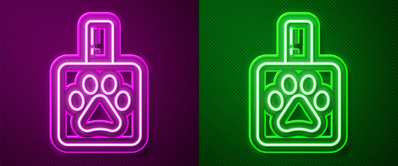 Obraz premium Glowing neon line Pet shampoo icon isolated on purple and green background. Pets care sign. Dog cleaning symbol. Vector.
